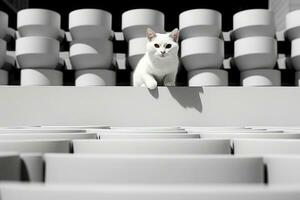 a white cat is standing on top of some white cups generative ai photo