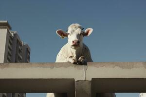 a white cow that is sitting on a ledge generative ai photo