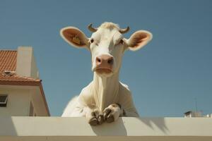 un blanco vaca sentado en el borde de un techo generativo ai foto