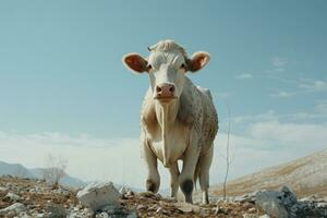 a white cow standing in a rocky field with a blue sky in the background generative ai photo