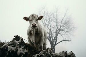 un blanco vaca en pie en parte superior de un pila de heno generativo ai foto