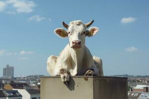 a white cow sitting on a ledge generative ai photo