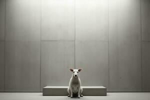 un blanco perro sentado en un banco en frente de un pared generativo ai foto