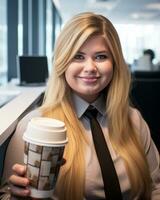 a woman holding a cup of coffee generative ai photo