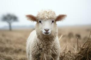 a white sheep standing in a field with a tree in the background generative ai photo