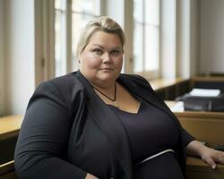 a woman in a black blazer sitting at a desk generative ai photo