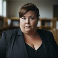 a woman in a black blazer standing in front of bookshelves generative ai photo