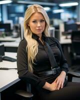 a woman in a black dress sitting at a desk in an office generative ai photo