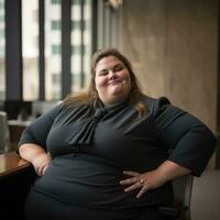 a woman in a black dress sitting at a desk generative ai photo