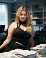 a woman in a black dress sitting at a desk with stacks of papers generative ai photo