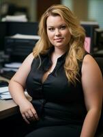 a woman in a black dress sitting at a desk generative ai photo