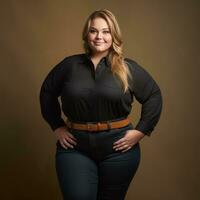 un mujer en un negro camisa y pantalones posando para el cámara generativo ai foto