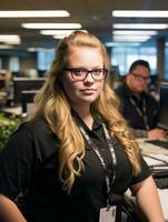 a woman in a black shirt and glasses standing in front of a computer generative ai photo