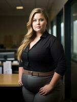 a woman in a black shirt and gray pants standing in front of a desk generative ai photo