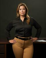 a woman in a black shirt and tan pants standing in front of a desk generative ai photo