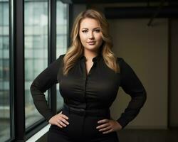 a woman in a black shirt and pants standing in front of a window generative ai photo