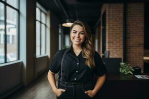 a woman in a black shirt and suspenders standing in an office generative ai photo