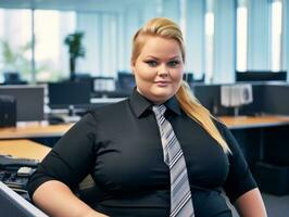un mujer en un negro camisa y Corbata sentado a un oficina escritorio generativo ai foto