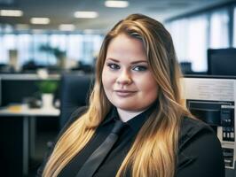 a woman in a black shirt and tie sitting in an office generative ai photo