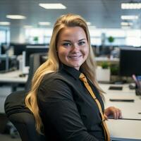 a woman in a black shirt and tie sitting at a desk generative ai photo