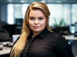 a woman in a black shirt and tie standing in an office generative ai photo