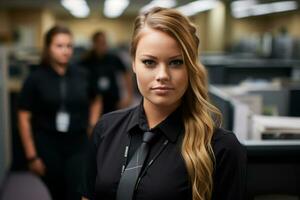 a woman in a black shirt and tie standing in an office generative ai photo