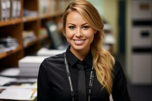 a woman in a black shirt and tie standing in front of a file cabinet generative ai photo