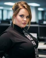 a woman in a black shirt and tie standing in front of a computer generative ai photo