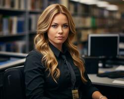 a woman in a black shirt sitting at a desk in front of bookshelves generative ai photo