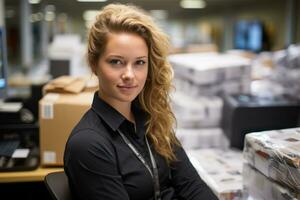 a woman in a black shirt sitting at a desk in an office generative ai photo
