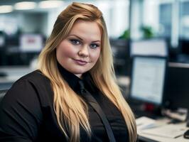 a woman in a black shirt sitting at a desk generative ai photo