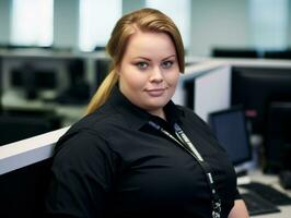 a woman in a black shirt sitting at a desk generative ai photo