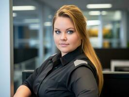 a woman in a black shirt sitting in an office generative ai photo