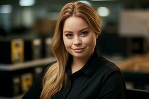 a woman in a black shirt sitting in an office generative ai photo