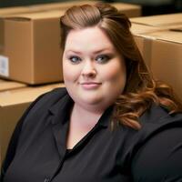 a woman in a black shirt sitting in front of a stack of boxes generative ai photo