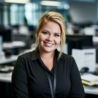a woman in a black shirt smiling in an office generative ai photo