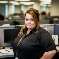 a woman in a black shirt standing in an office generative ai photo