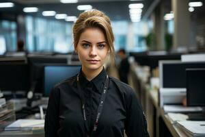 a woman in a black shirt standing in an office generative ai photo