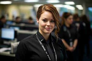 a woman in a black shirt standing in an office generative ai photo