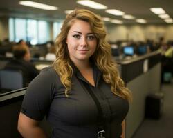 a woman in a black shirt standing in an office generative ai photo