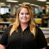 a woman in a black shirt standing in an office generative ai photo