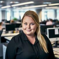 a woman in a black shirt standing in an office generative ai photo