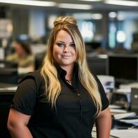 a woman in a black shirt standing in an office generative ai photo