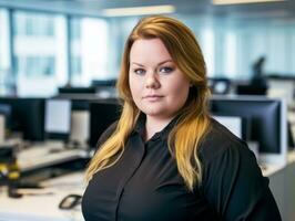 a woman in a black shirt standing in an office generative ai photo