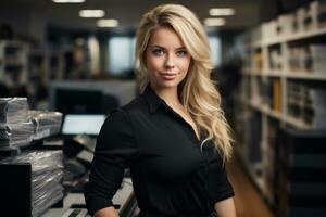 a woman in a black shirt standing in front of a computer generative ai photo