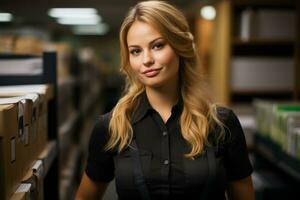 a woman in a black shirt standing in front of a file cabinet generative ai photo