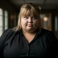 a woman in a black shirt with blue eyes generative ai photo
