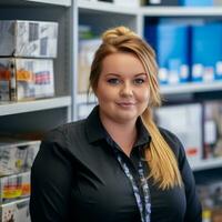 a woman in a black shirt standing in front of shelves generative ai photo
