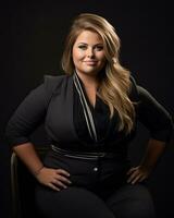 a woman in a black suit sitting on a chair generative ai photo