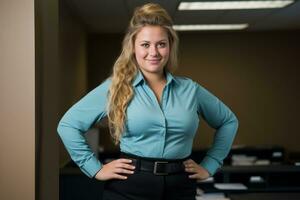 a woman in a blue shirt and black skirt posing for the camera generative ai photo